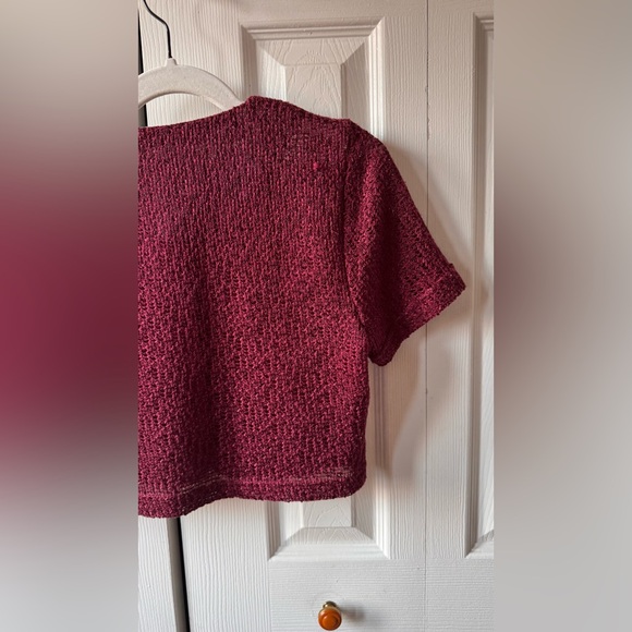 Vintage Coastal Granny Knit Cardigan Burgundy White Mesh and Embroidered Collar - Picture 9 of 11